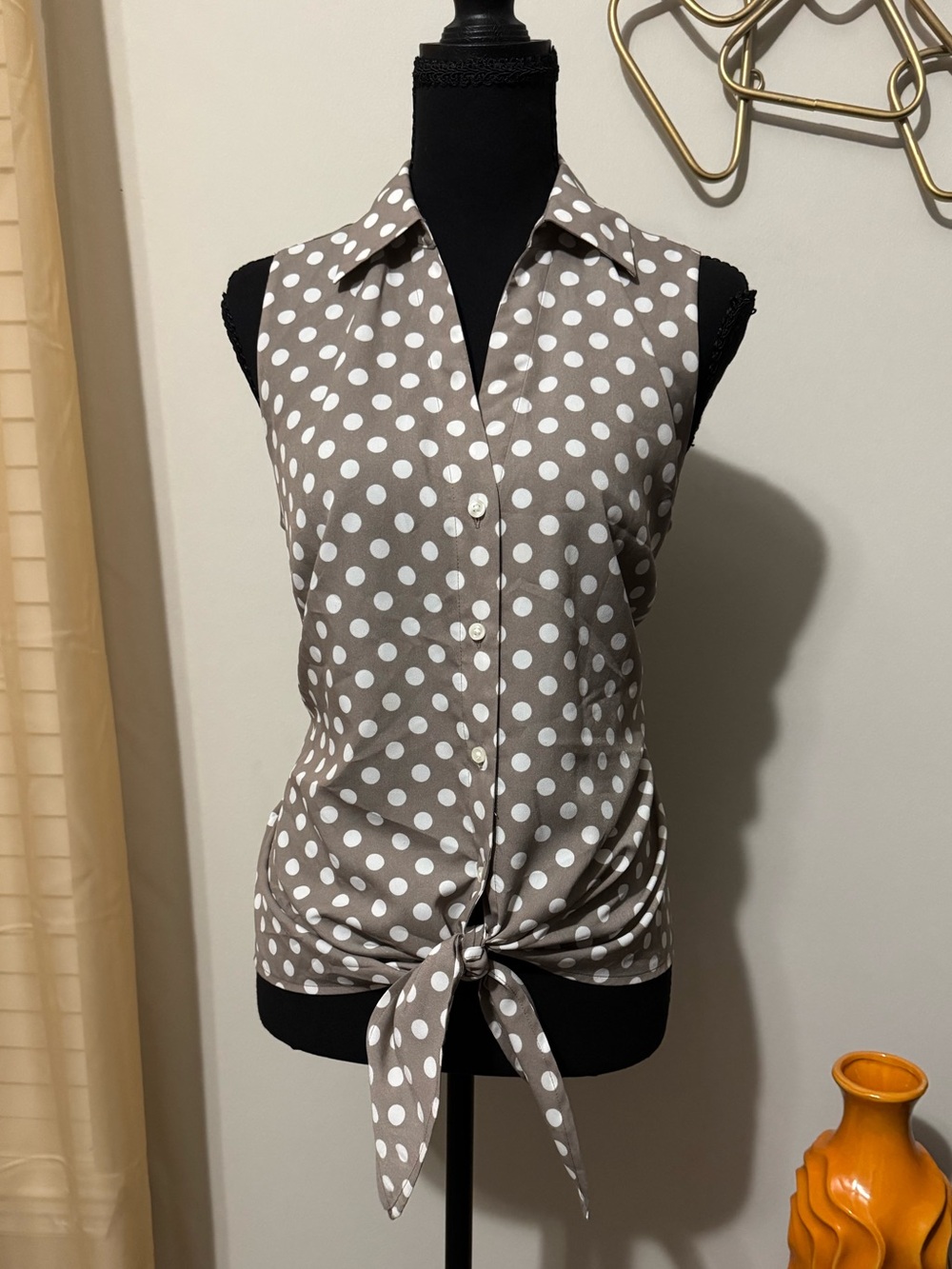 Ann Taylor Taupe and White Polka Dot Tie-Front Sleeveless Top